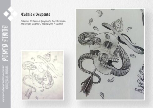 Crânio e Serpente - Estudo de Crânio e Serpente sombreado. Materiais: Grafite / Sumiê / Nanquim