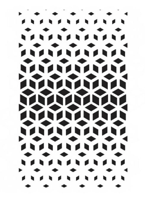 Pattern Geométrico - Estudo de estampa geométrica mostrando um cubo inserido no hexágono. Sua linha de contorno vai aumentando gradualmente. Materiais: Digital