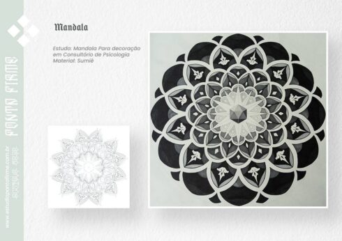 Mandala - Mandala desenvolvida para decoração em consultório de psicologia. Materiais: Nanquim Sumiê sobre Papel de Algodão, aplicados sobre suporte de madeira.