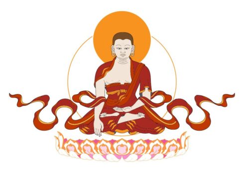 O Iluminado - Buda sobre uma flor de Lótus. Sentado e tocando a mão direita no chão, representando a passagem onde ele diz: - A terra é minha Testemunha! Ferramenta: Adobe Illustrator