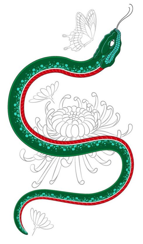 Cobra e Crisântemo e Borboleta - Composição mesclando flores de Crisântemo, Cobra e Borboleta. Ferramenta: Adobe Illustrator