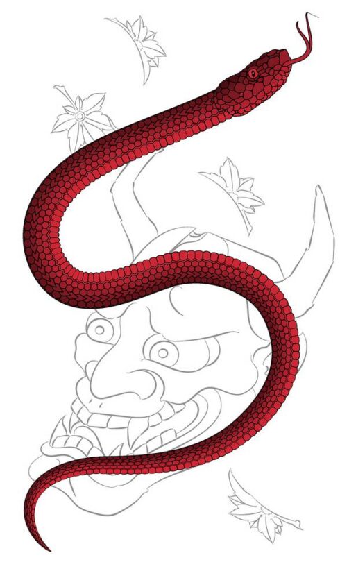 Cobra e Hannya - Composição mesclando Cobra, Hannya e folhas Momiji. Ferramenta: Adobe Illustrator