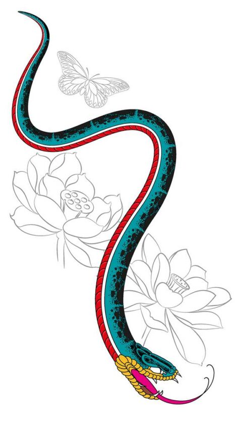 Cobra, Lótus e Borboleta - Composição mesclando duas flores de Lótus, uma Cobra e uma Borboleta. Ferramenta: Adobe Illustrator