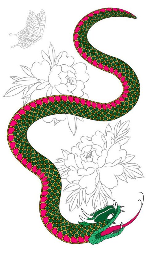 Cobra, Peônia e Borboleta - Composição mesclando duas flores de Peônia, uma Cobra e uma Borboleta. Ferramenta: Adobe Illustrator