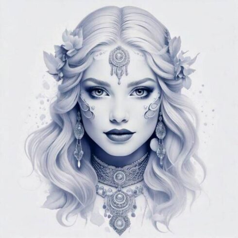 Rosto Frontal Feminino - Rosto de uma mulher, desenhado em suaves tons de cinza.