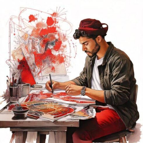 Artista Criativo - Artista Criativo produzindo, ambiente imaginário ao fundo.