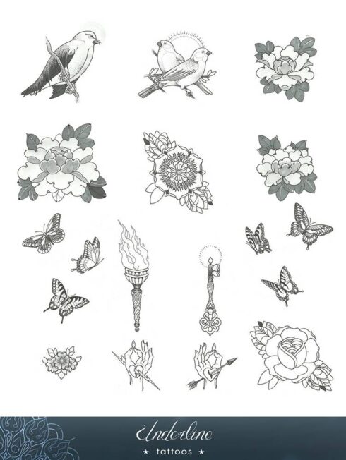Flores, Pássaros e Borboletas - Estudo de Flores, pássaros e borboletas Sombreados.