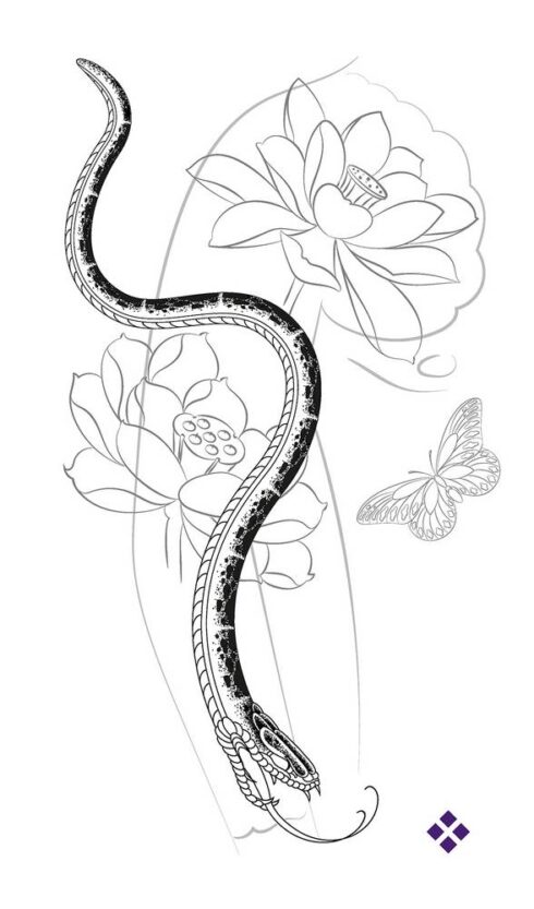 Cobra, Lótus e Borboleta - Composição mesclando Cobra, Lótus e Borboleta. Sugestão de Local : Fechamento de Braço