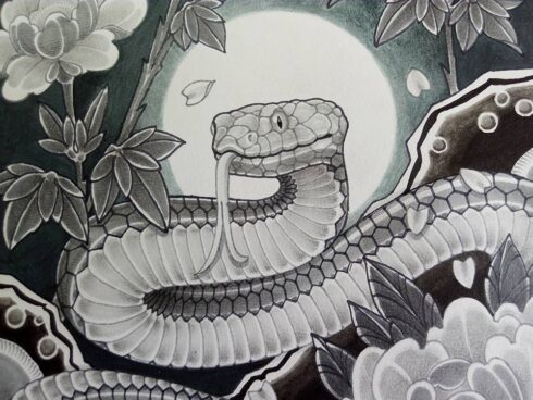 Cobra e Floral - Estudo de cobra e floral no estilo tradicional.