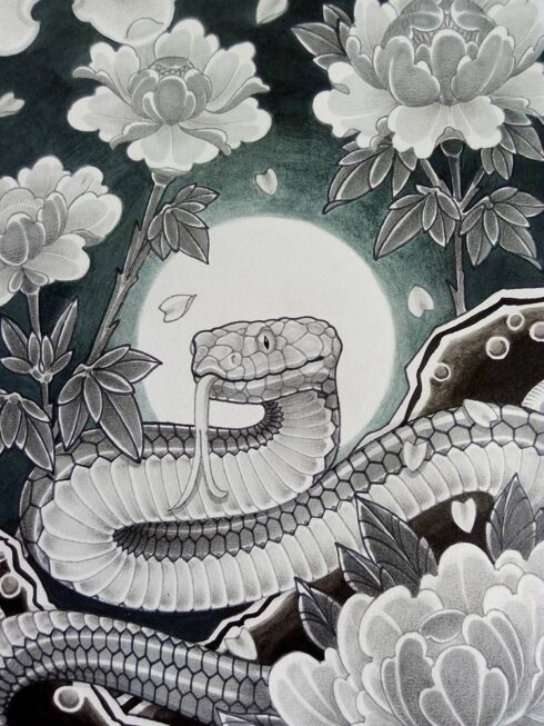 Cobra e Floral - Estudo de cobra e floral no estilo tradicional.