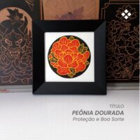 Peça Única - Xilogravura Matriz Perdida - Peônia Dourada / Proteção e Boa Sorte - 20 x 20 - Papel Gravura - Estúdio Ponta Firme