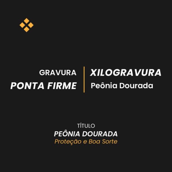 Peça Única - Xilogravura Matriz Perdida - Peônia Dourada / Proteção e Boa Sorte - 20 x 20 - Papel Gravura - Estúdio Ponta Firme